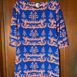 Anthropologie Blue and Coral Patterned Dress